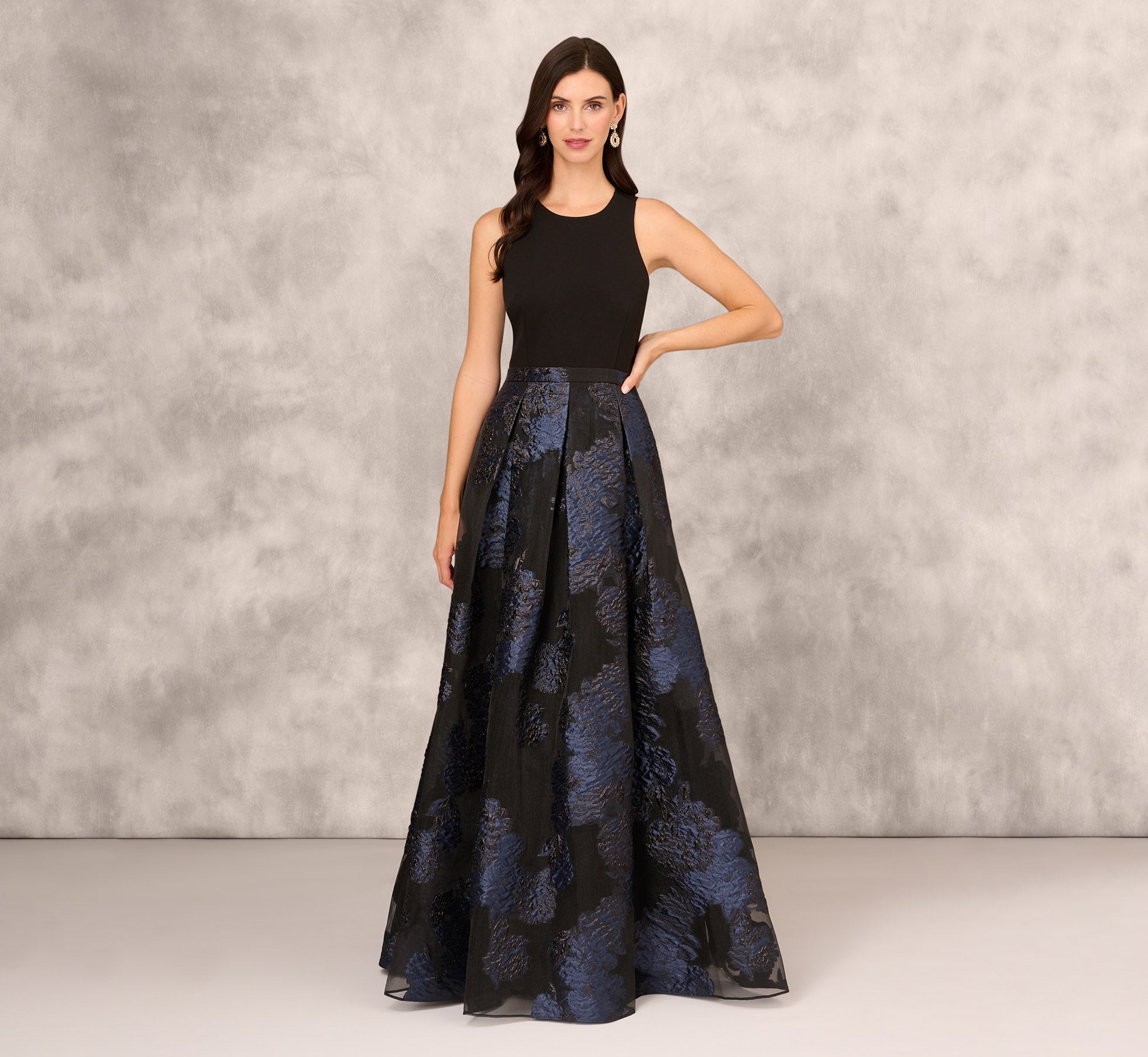 Halter Ball Gown With Floral Jacquard Skirt In Navy Multi