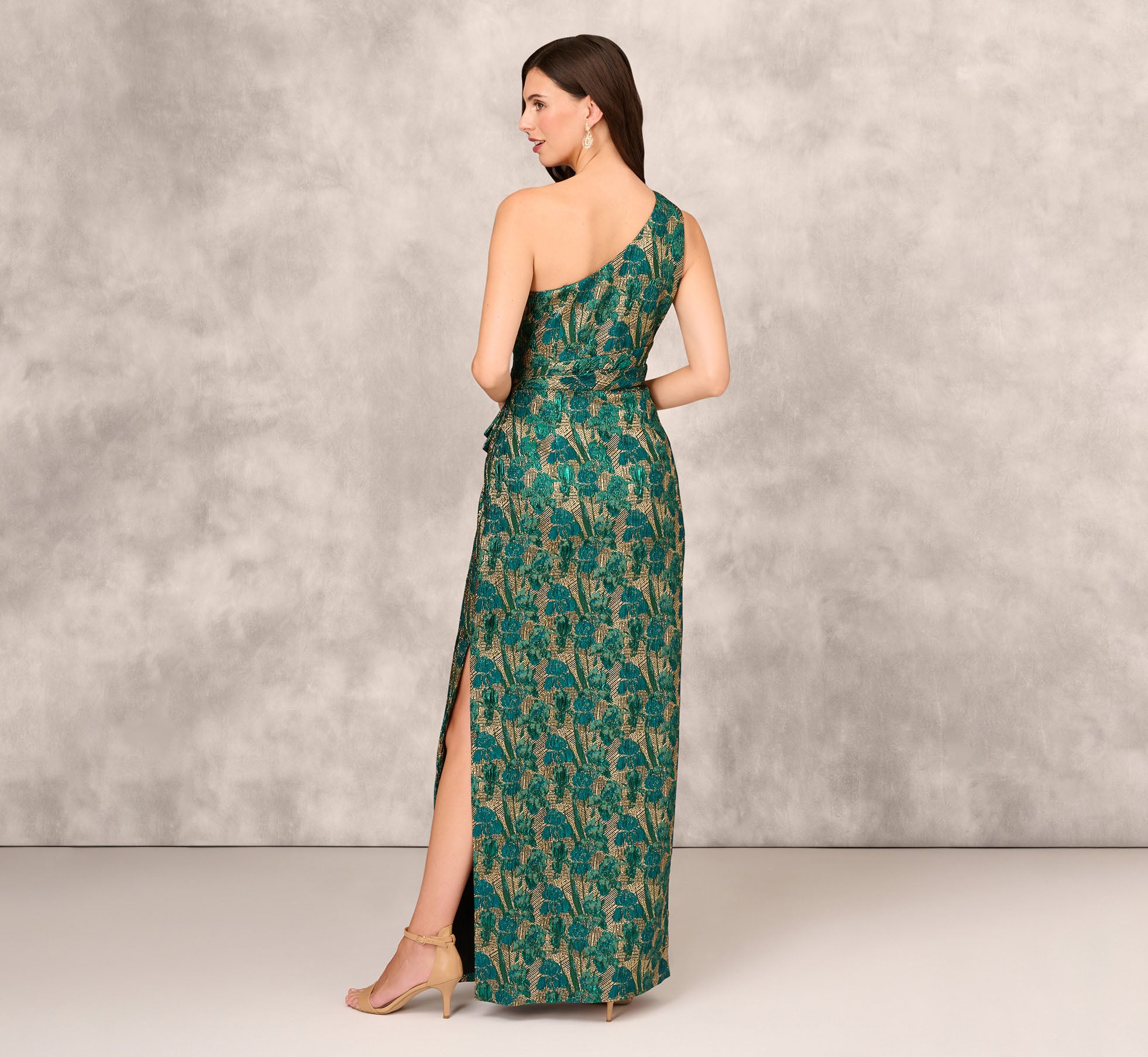 One Shoulder Jacquard Column Gown With Pleat Details In Emerald