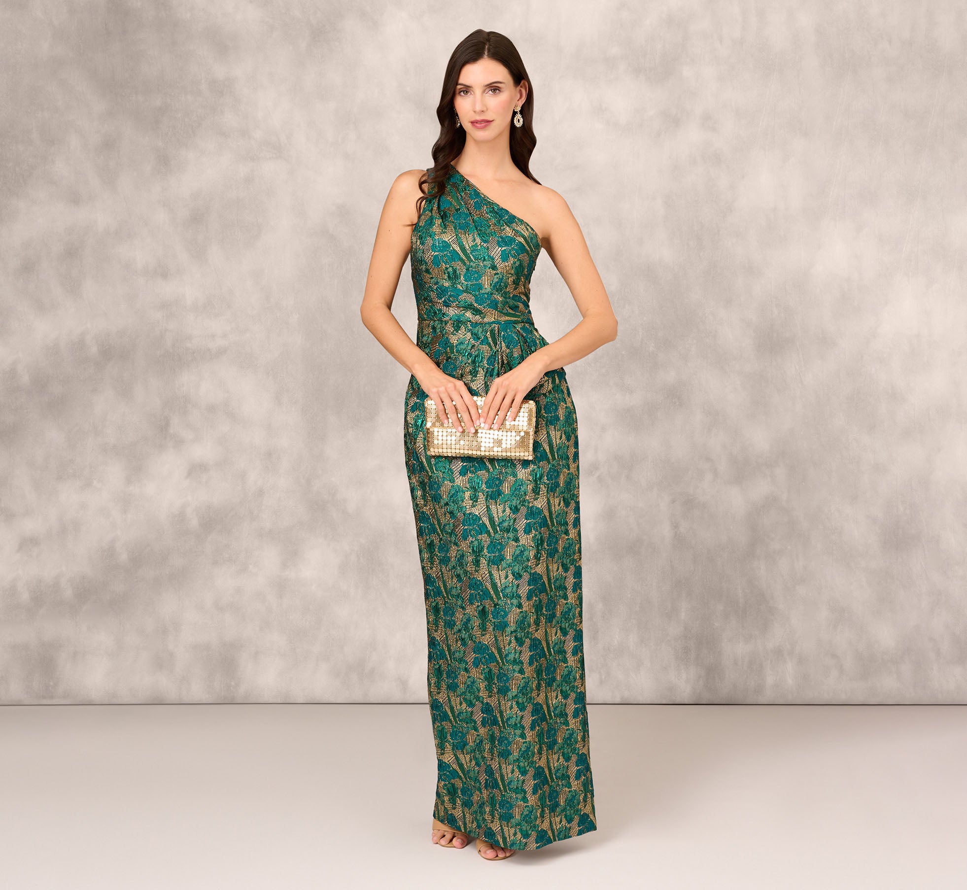 One Shoulder Jacquard Column Gown With Pleat Details In Emerald