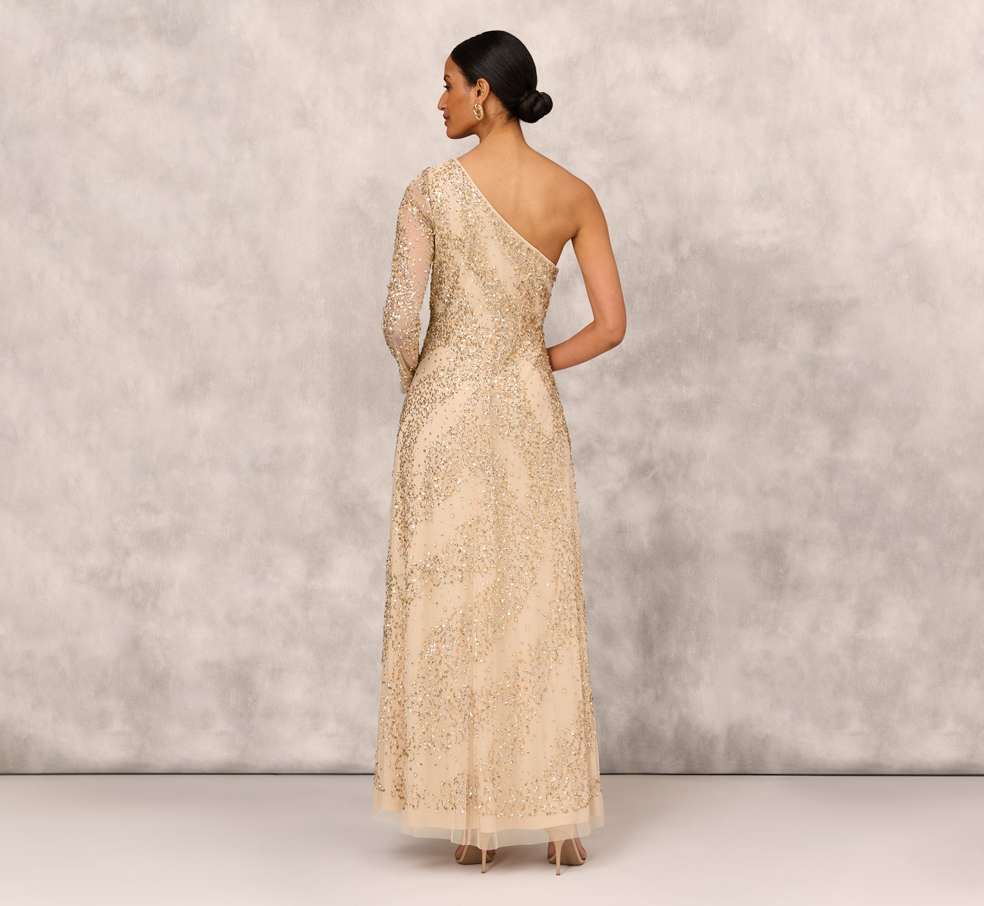 One Shoulder Beaded Gown With Long Sleeve In Light Gold Adrianna