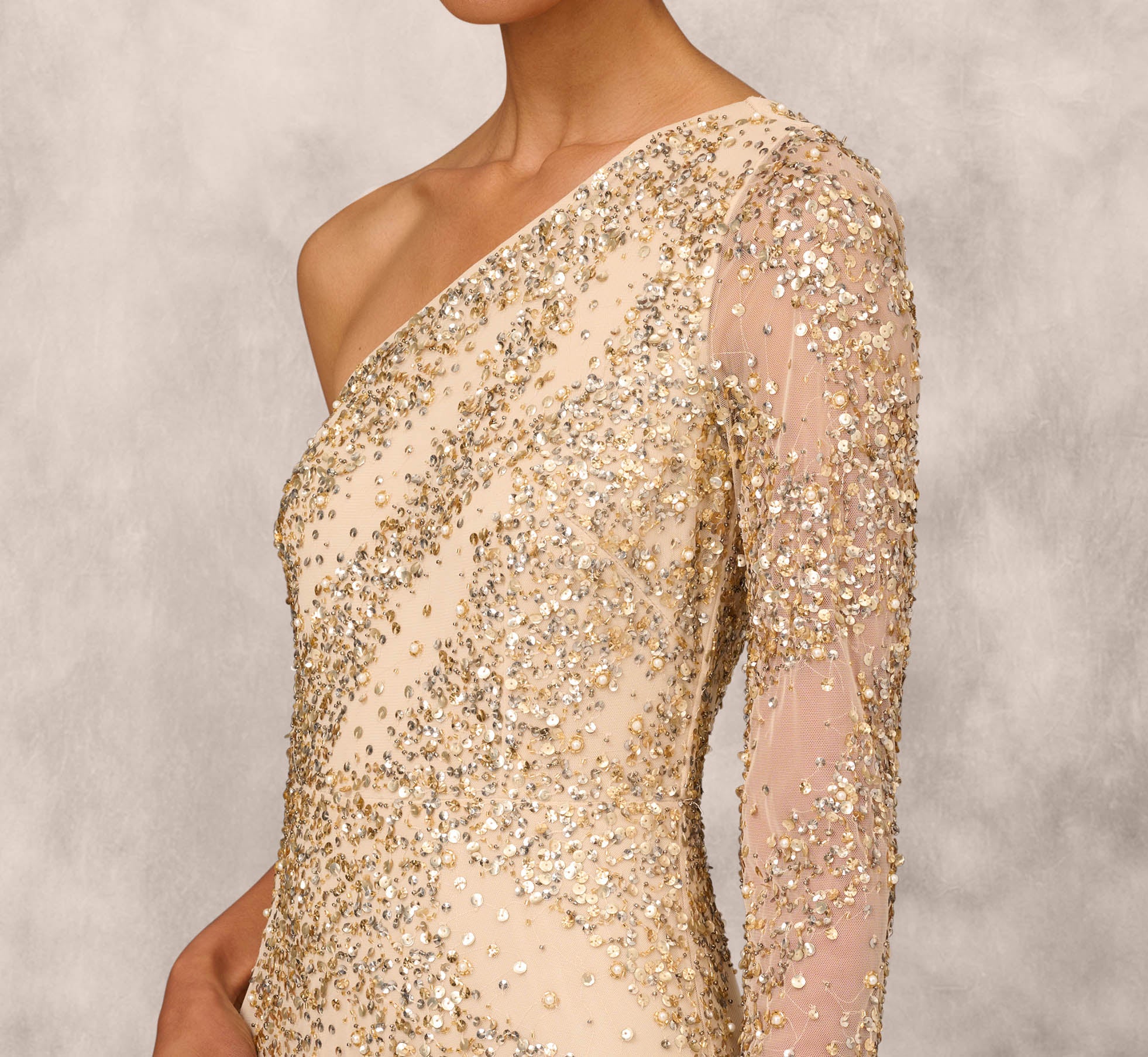 One Shoulder Beaded Gown With Long Sleeve In Light Gold Adrianna