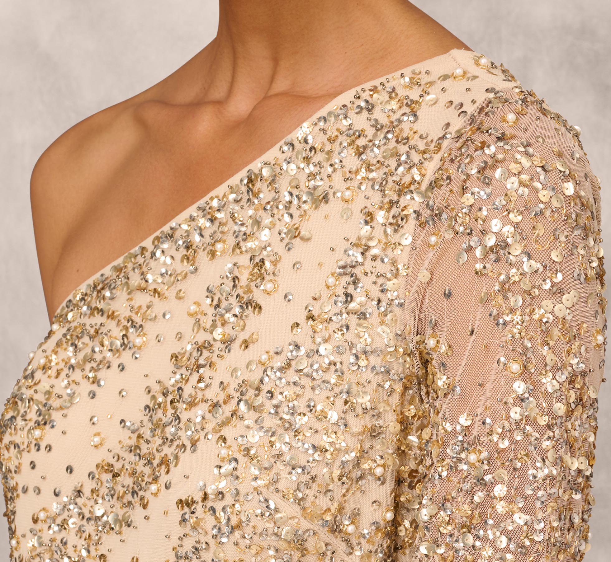 One Shoulder Beaded Gown With Long Sleeve In Light Gold Adrianna