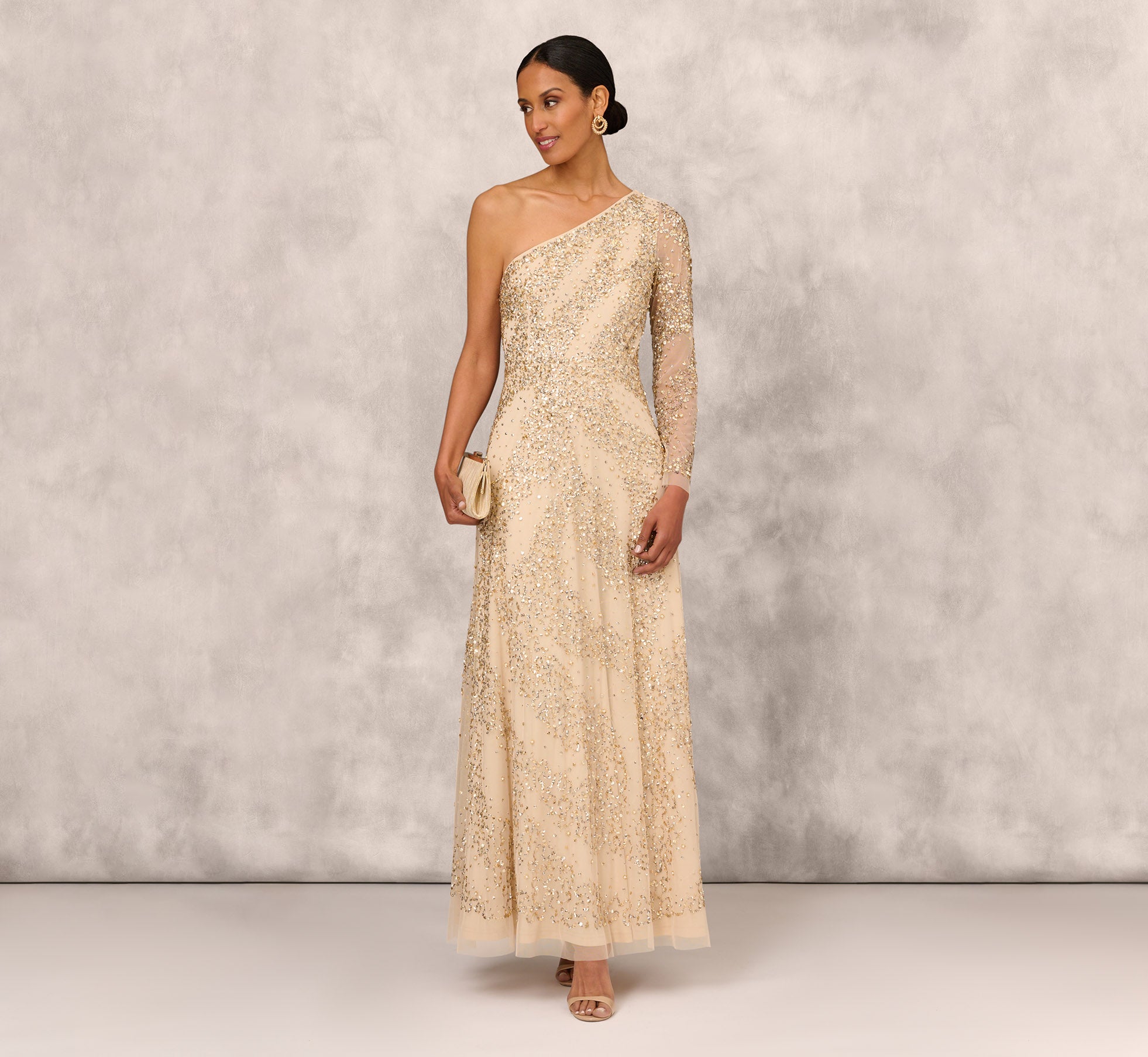 One Shoulder Beaded Gown With Long Sleeve In Light Gold Adrianna