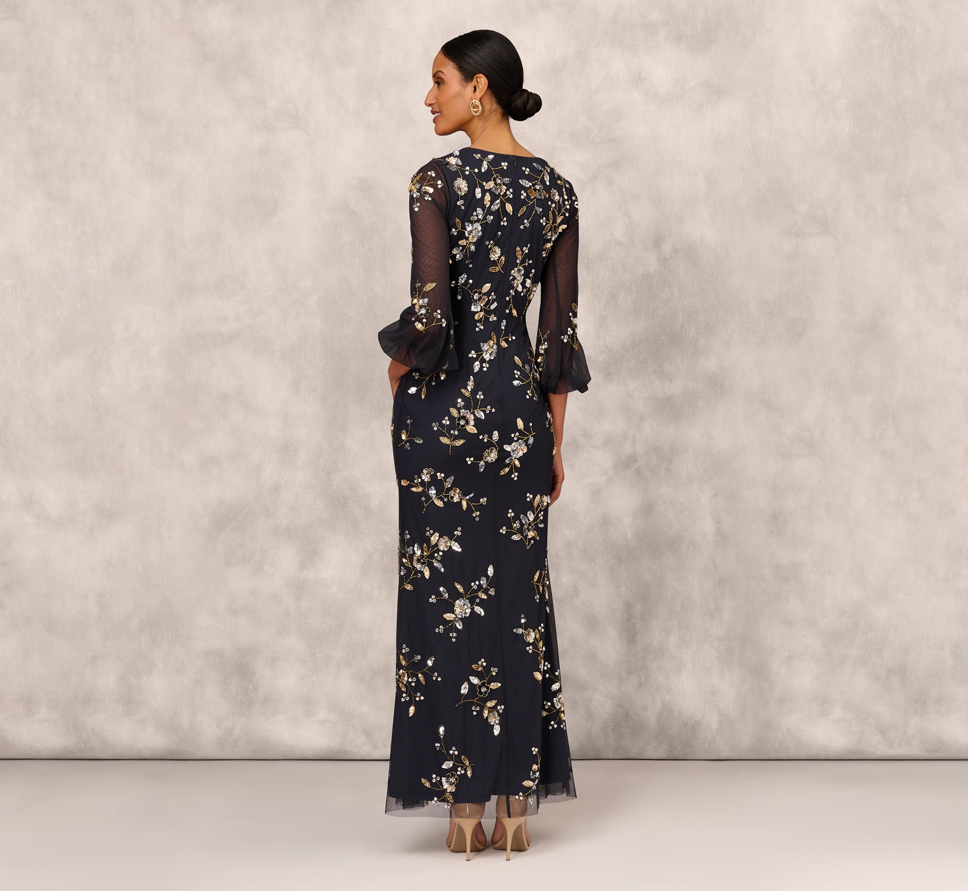 Floral Sequin Beaded Gown With Three Quarter Length Bell Sleeves