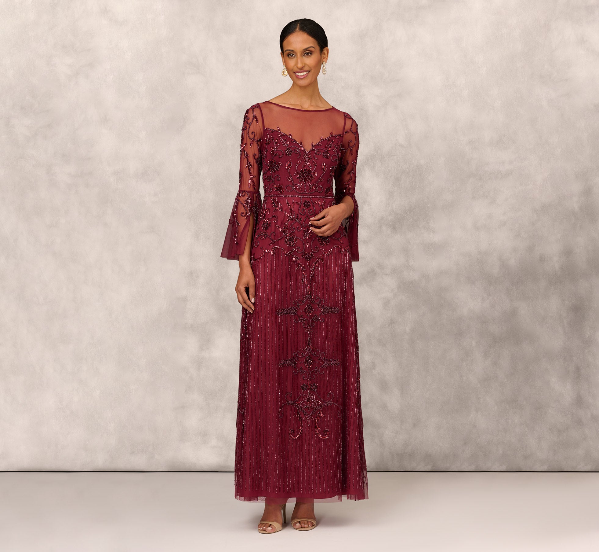 Beaded Illusion Gown With Long Bell Sleeves In Mahogany