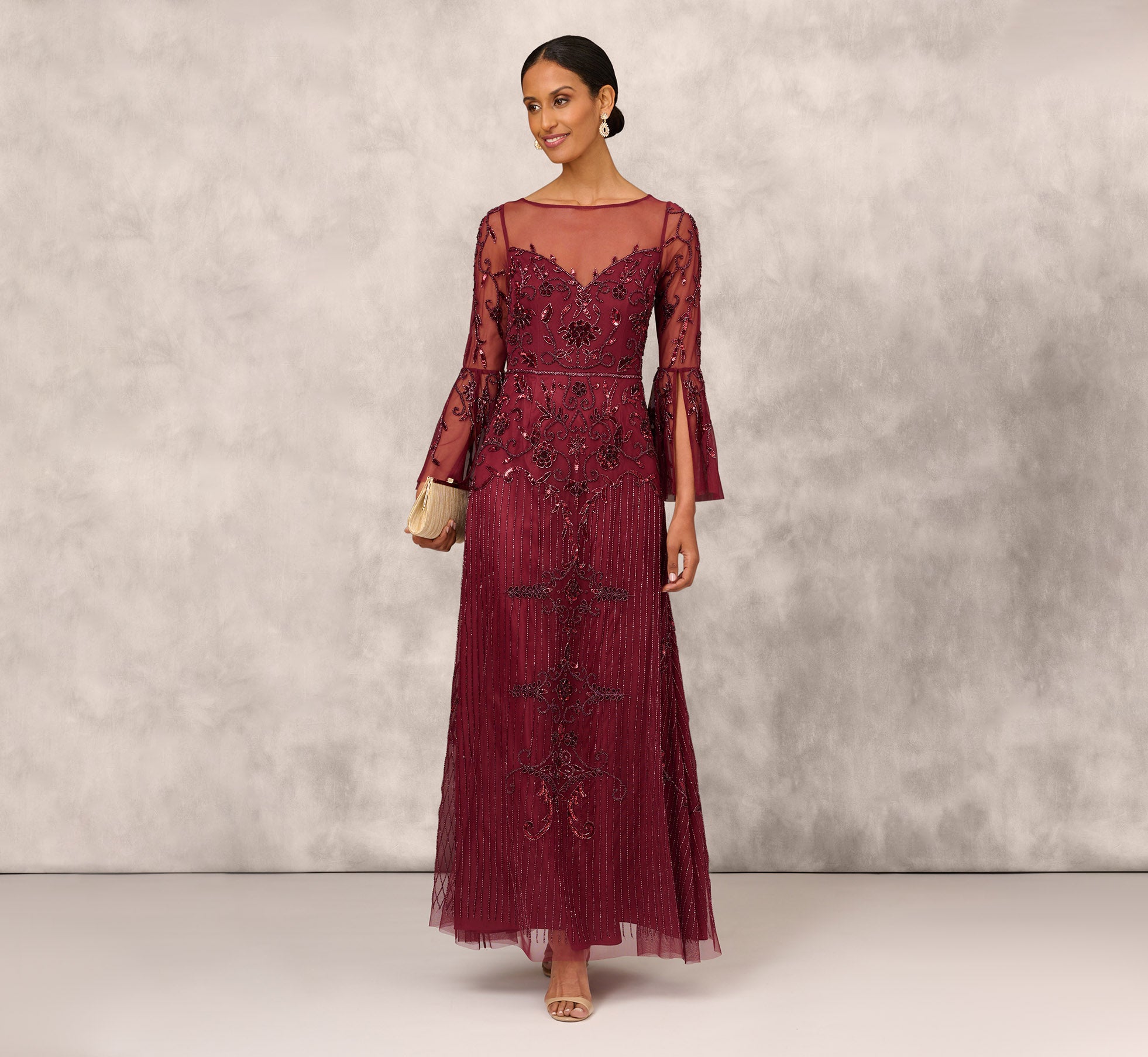 Beaded Illusion Gown With Long Bell Sleeves In Mahogany