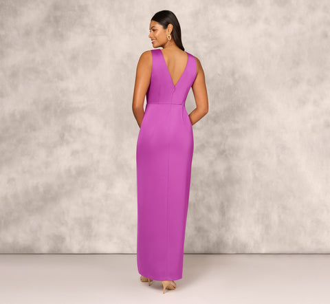 Sleeveless Satin Crepe Column Gown With Bow Waist In Wild Orchid