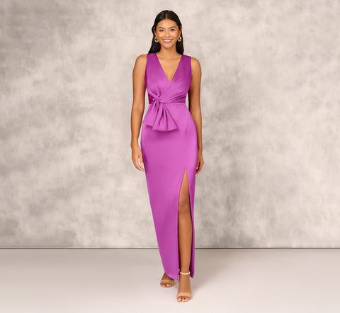 Sleeveless Satin Crepe Column Gown With Bow Waist In Wild Orchid