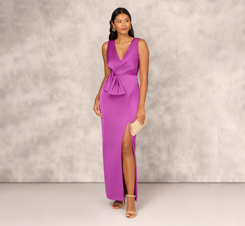 Sleeveless Satin Crepe Column Gown With Bow Waist In Wild Orchid