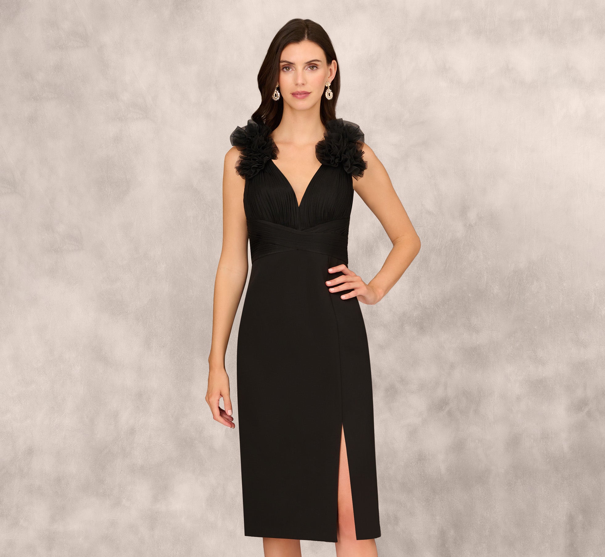 Sleeveless Sheath Dress With Ruffle Accents In Black | Adrianna Papell