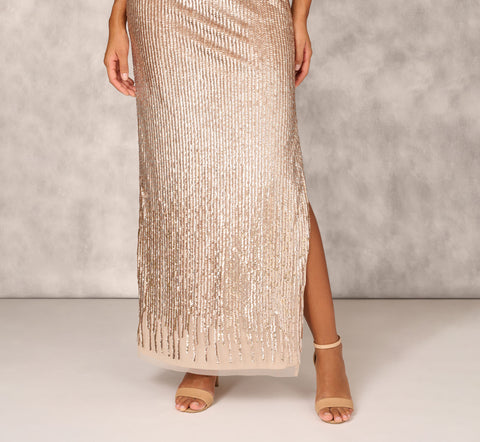 Sleeveless Beaded Column Gown With Illusion Neckline In Champagne