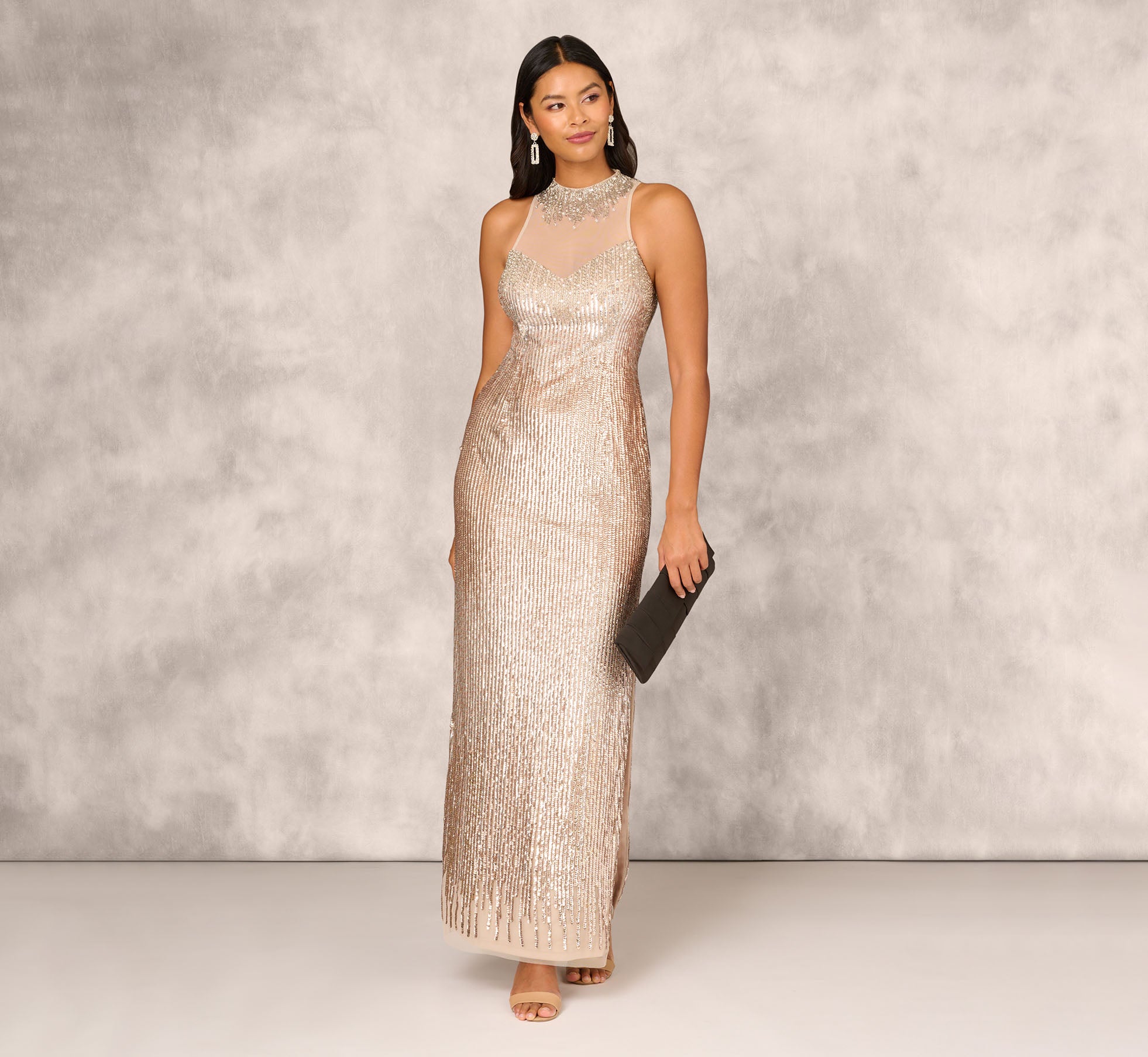 Sleeveless Beaded Column Gown With Illusion Neckline In Champagne Adrianna Papell