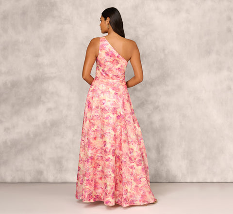 Printed Jacquard One Shoulder Ball Gown With Pleat Details In Red Multi