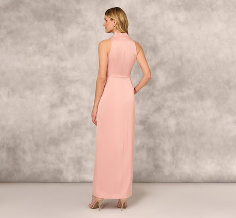 Crepe Back Satin Draped Column Gown With Cowl Neck In Champagne Rose