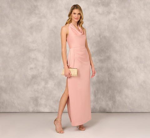 Crepe Back Satin Draped Column Gown With Cowl Neck In Champagne Rose