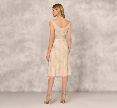 Beaded Sleeveless Midi Dress With Sweetheart Neckline In Champagne