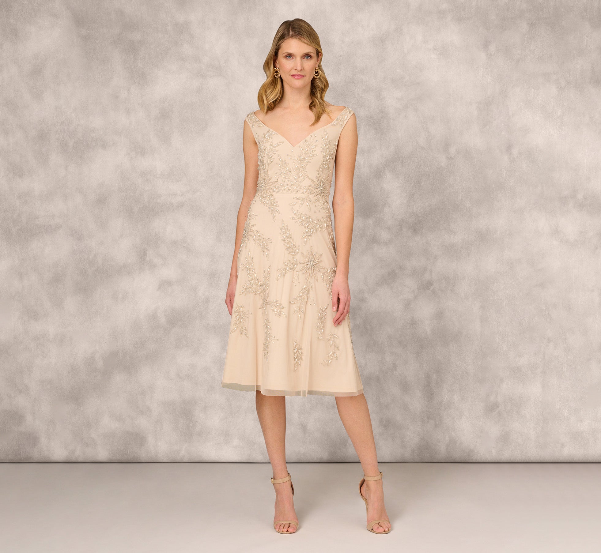 Beaded Sleeveless Midi Dress With Sweetheart Neckline In Champagne 1