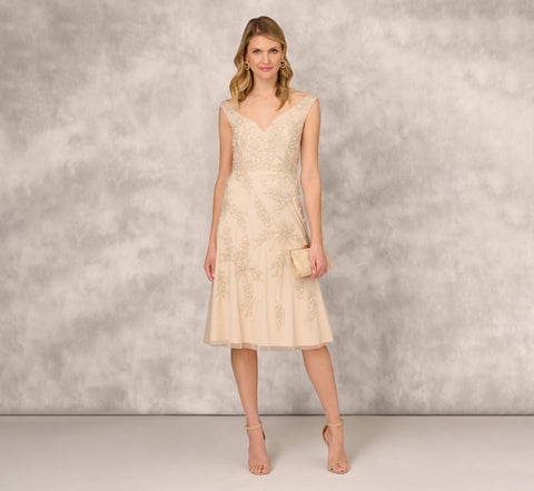 Beaded Sleeveless Midi Dress With Sweetheart Neckline In Champagne