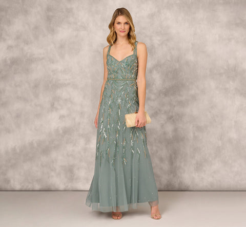 Multicolor Beaded Mermaid Gown With Sweetheart Neckline In Dark Sage