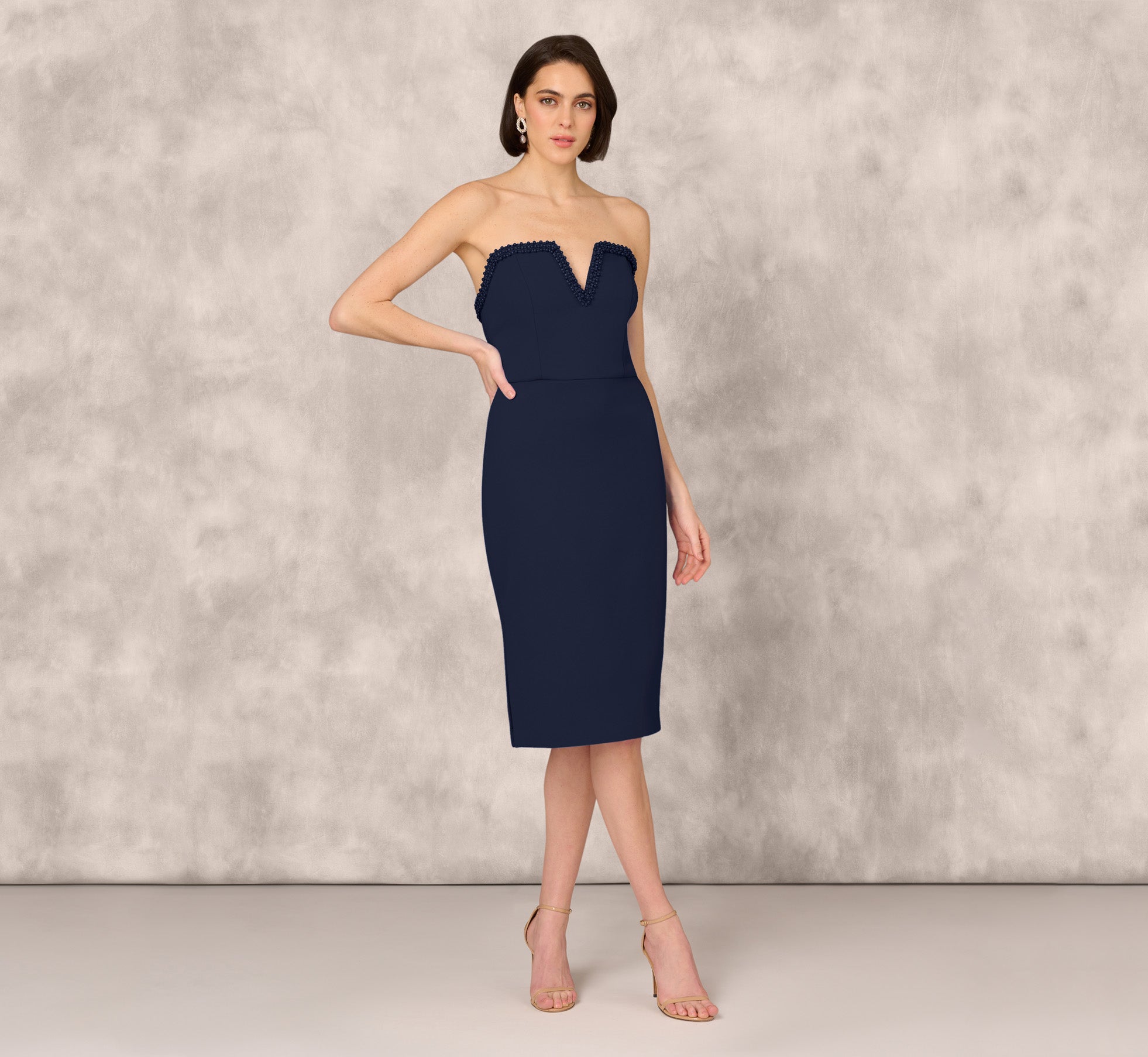 Strapless Bonded Crepe Midi Dress With Beaded Notch Neckline In Twilight 1