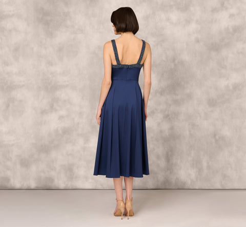 Stretch Mikado Midi Dress With Beaded Neckline And Straps In Navy