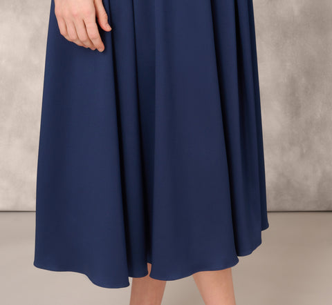 Stretch Mikado Midi Dress With Beaded Neckline And Straps In Navy