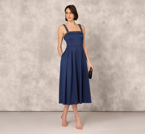 Stretch Mikado Midi Dress With Beaded Neckline And Straps In Navy