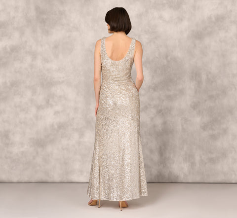 Stretch Sequin Sleeveless Cowl Neck Gown With Gathered Details In Champagne Silver