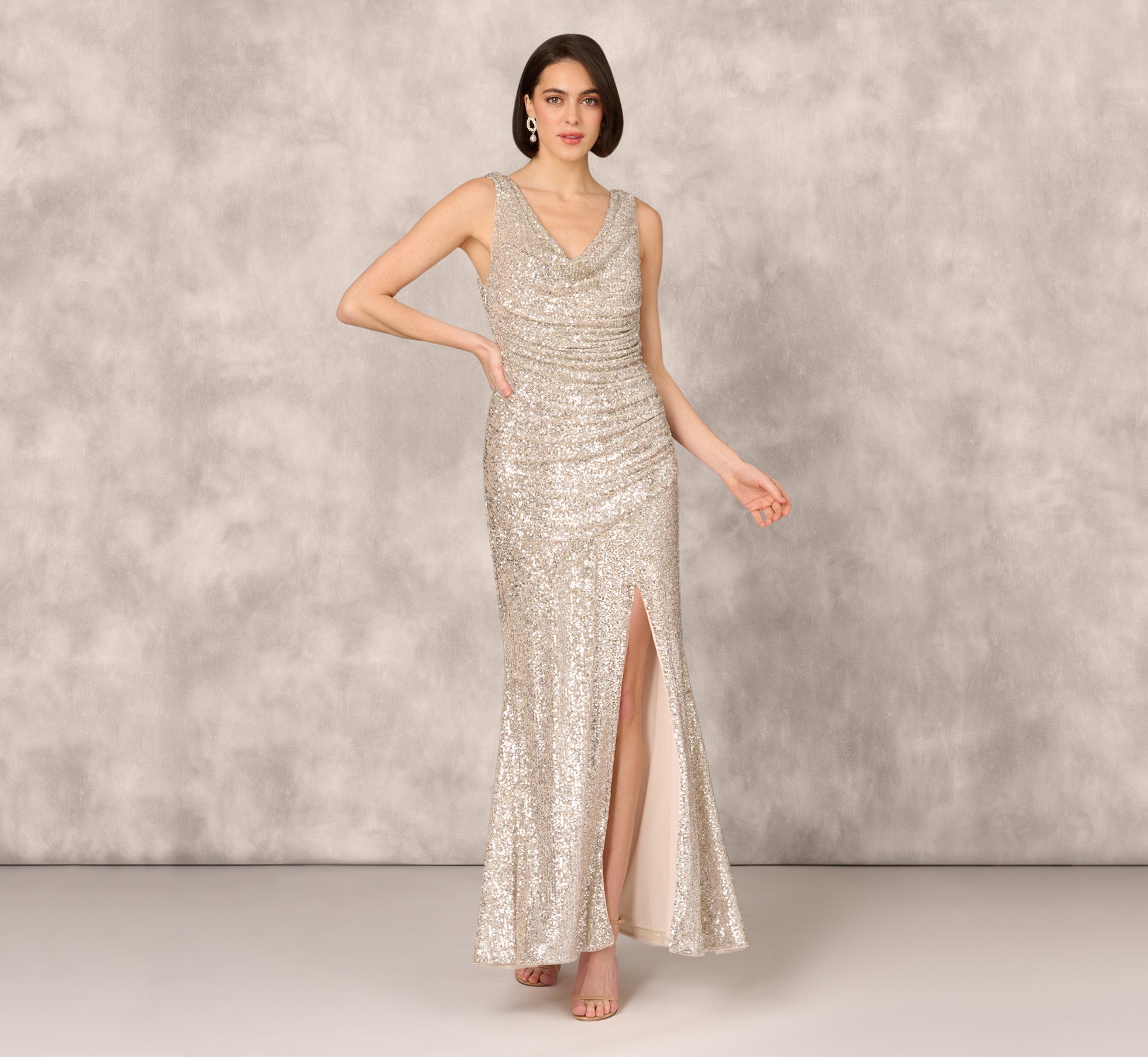 Stretch Sequin Sleeveless Cowl Neck Gown With Gathered Details In Champagne Silver 1