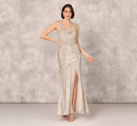 Stretch Sequin Sleeveless Cowl Neck Gown With Gathered Details In Champagne Silver