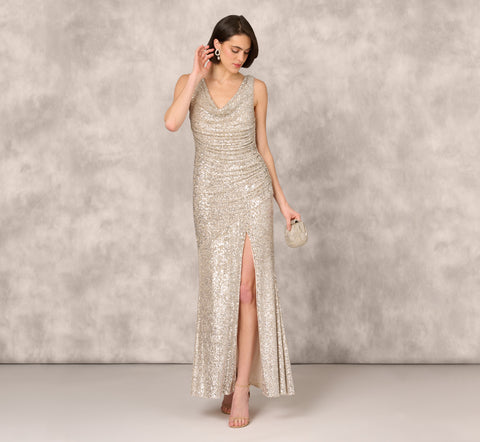 Stretch Sequin Sleeveless Cowl Neck Gown With Gathered Details In Champagne Silver