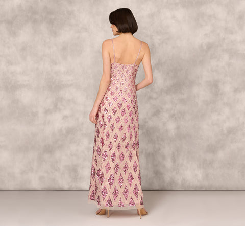 Geometric Sequin Beaded Gown With Scoop Neckline In Pink Multi