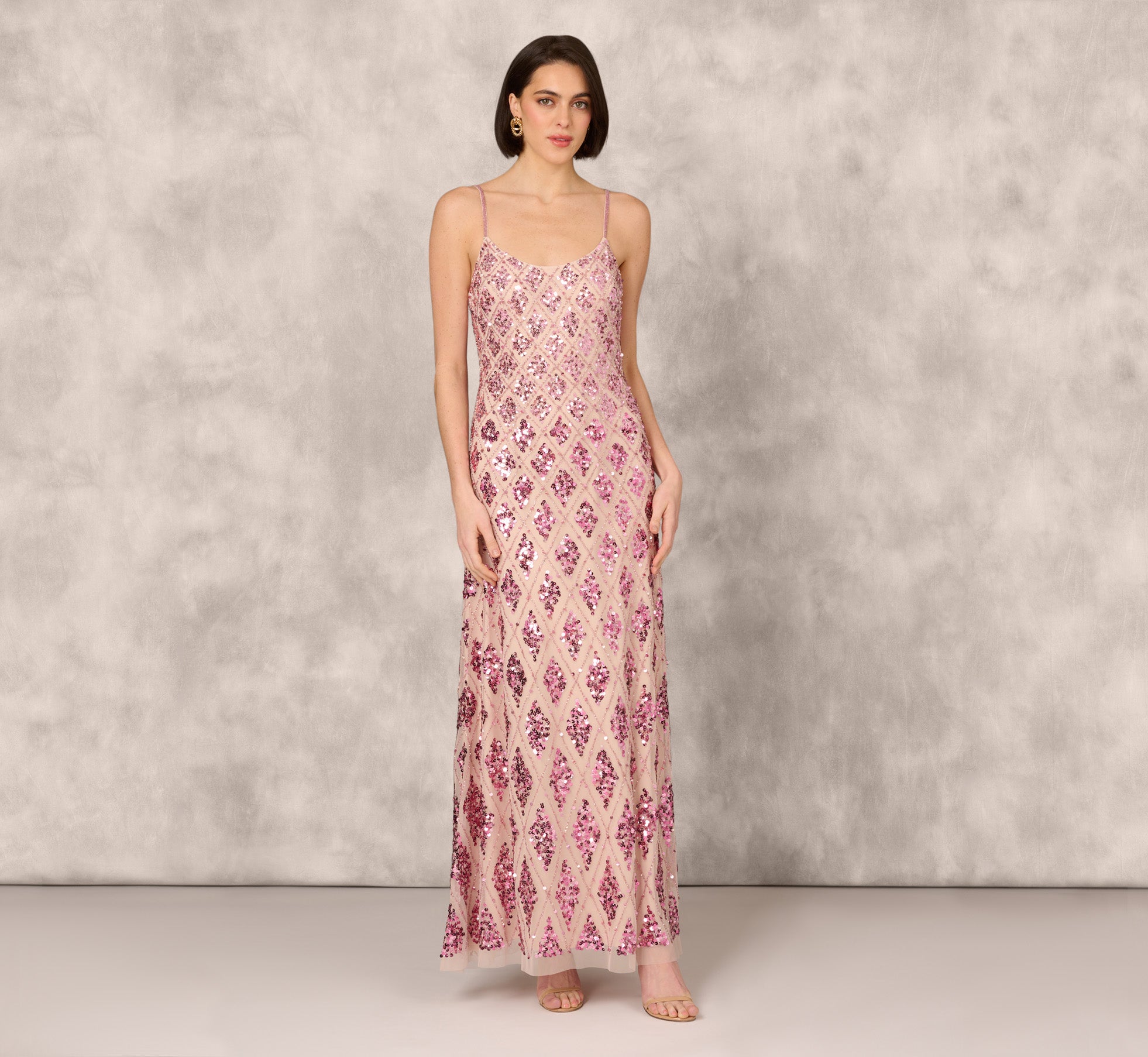 Geometric Sequin Beaded Gown With Scoop Neckline In Pink Multi 1