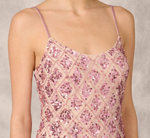 Geometric Sequin Beaded Gown With Scoop Neckline In Pink Multi