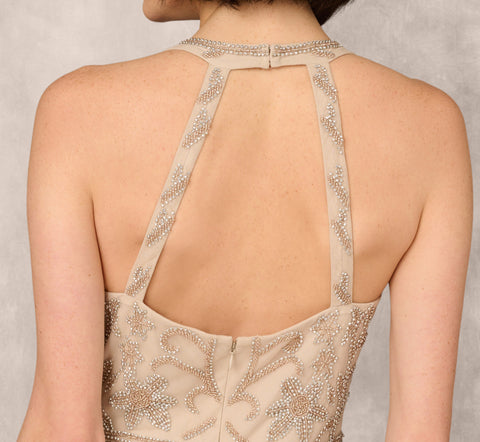 Flourish Beaded Halter Gown With Open Back In Biscotti