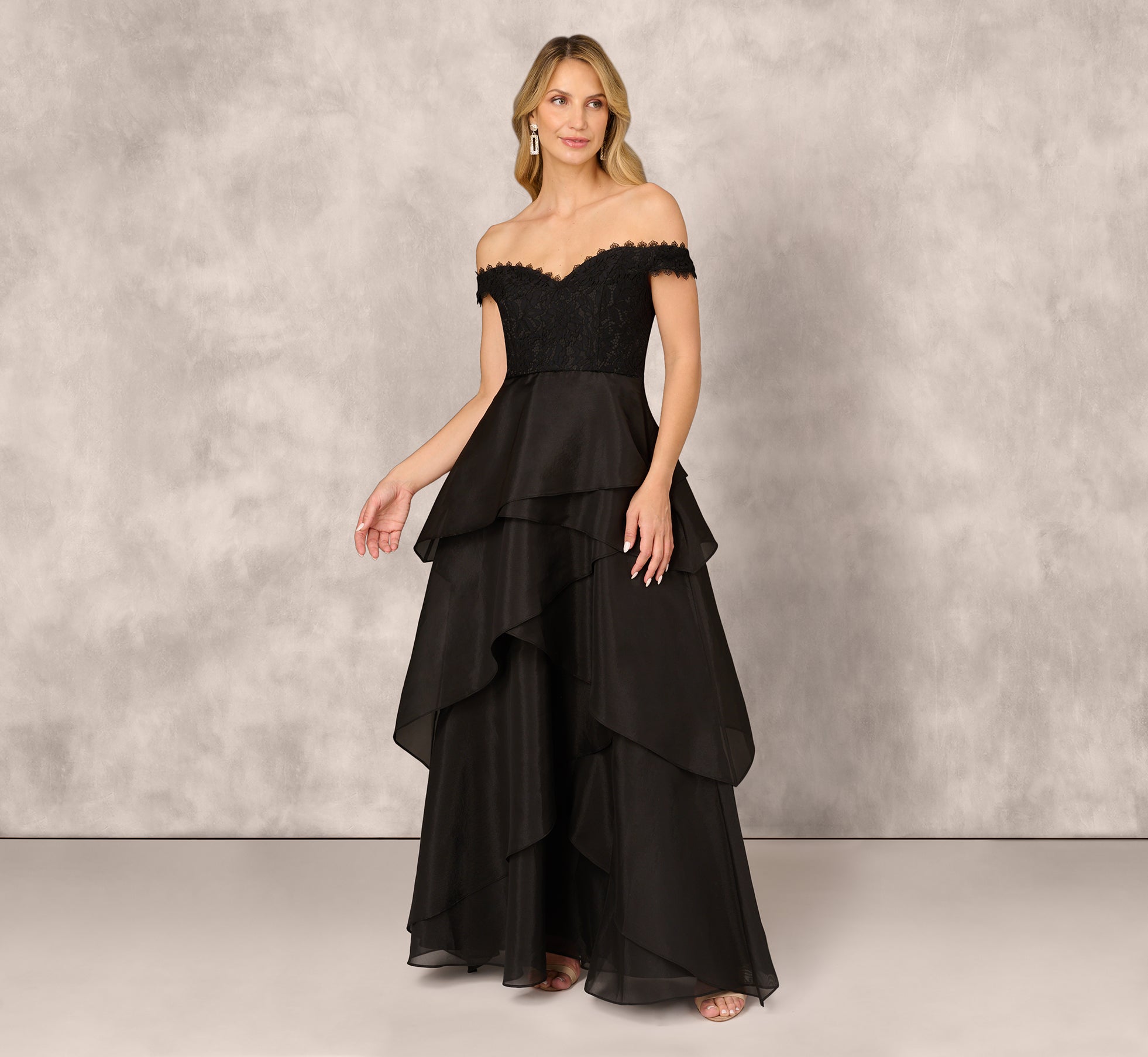 Strapless Organza Ball Gown With Off The Shoulder Neckline In Black 1