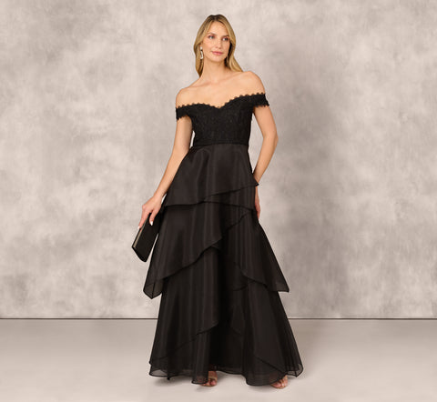 Strapless Organza Ball Gown With Off The Shoulder Neckline In Black