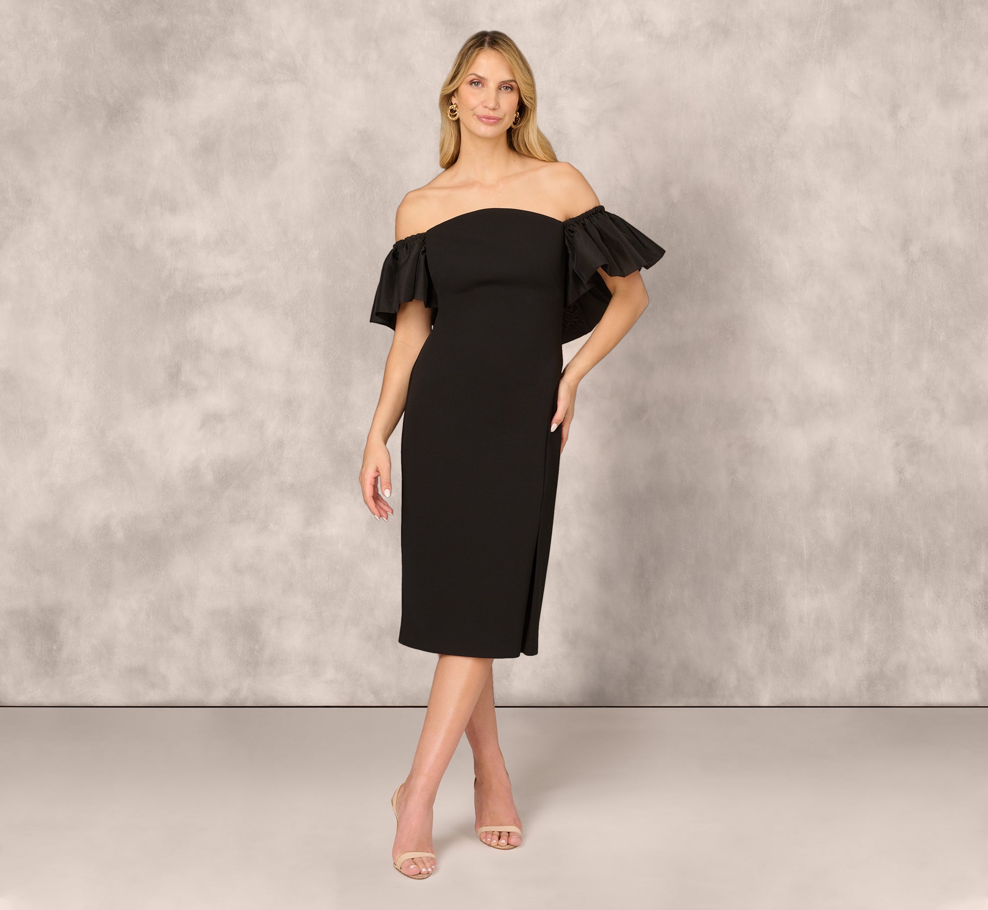 Off The Shoulder Midi Dress With Organza Bubble Sleeves In Black 1