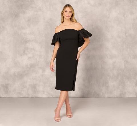 Off The Shoulder Midi Dress With Organza Bubble Sleeves In Black