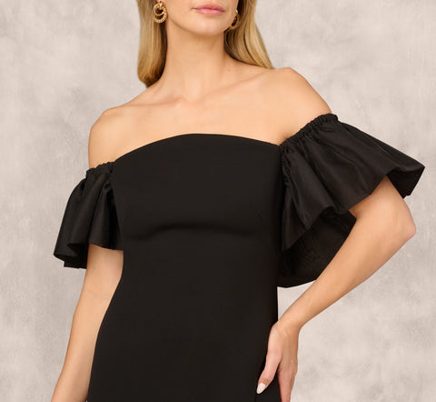 Off The Shoulder Midi Dress With Organza Bubble Sleeves In Black