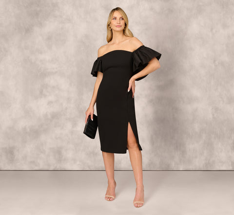 Off The Shoulder Midi Dress With Organza Bubble Sleeves In Black