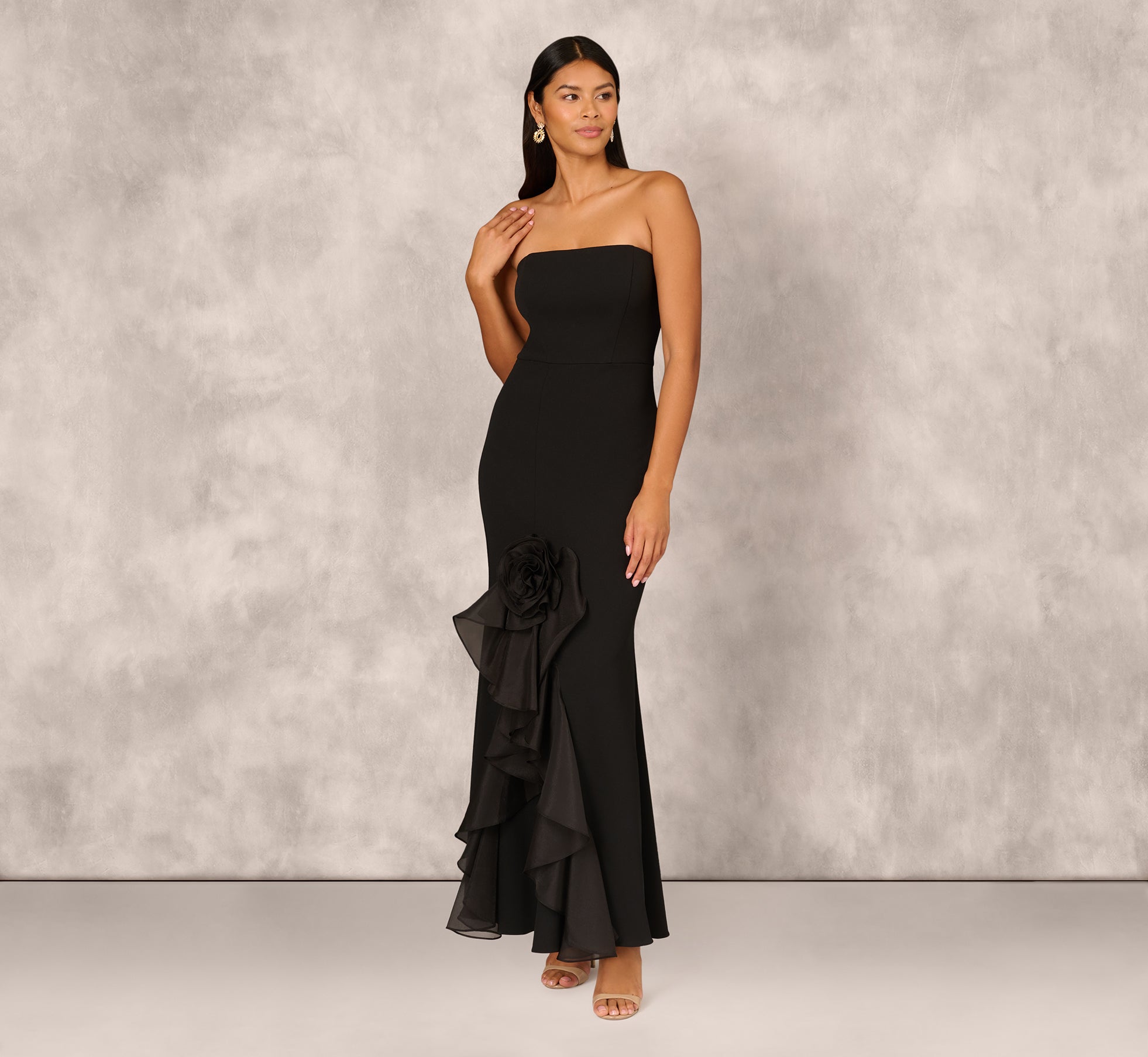 Crepe Strapless Mermaid Gown With Organza Ruffle Skirt In Black 1