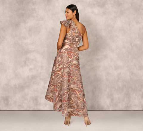 Clipped Jacquard High Low Gown With Ruffle One Shoulder Neck In Rust Multi