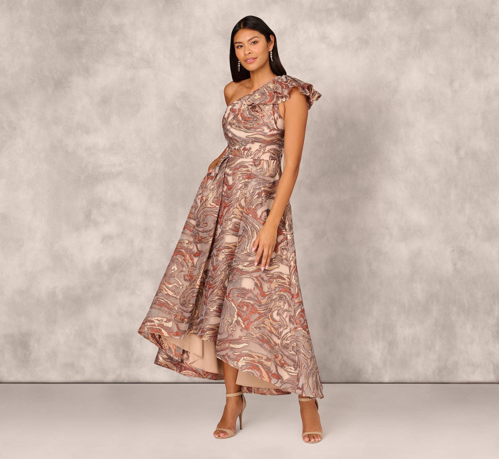 Clipped Jacquard High Low Gown With Ruffle One Shoulder Neck In Rust Multi 1