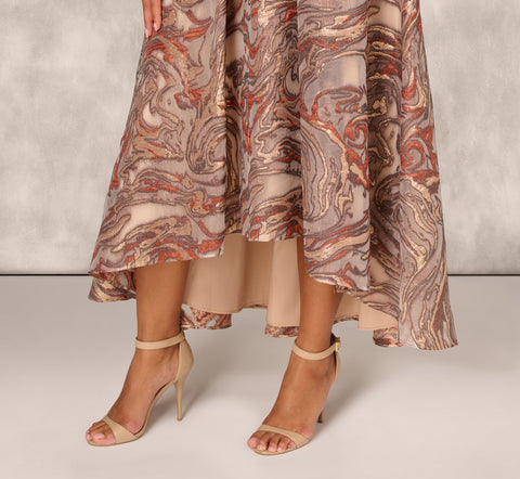 Clipped Jacquard High Low Gown With Ruffle One Shoulder Neck In Rust Multi