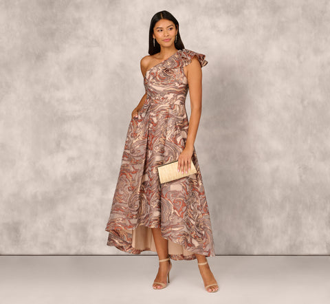 Clipped Jacquard High Low Gown With Ruffle One Shoulder Neck In Rust Multi