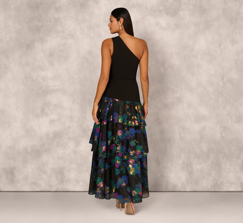 One Shoulder Crepe Ball Gown With Floral Jacquard Skirt In Black Multi