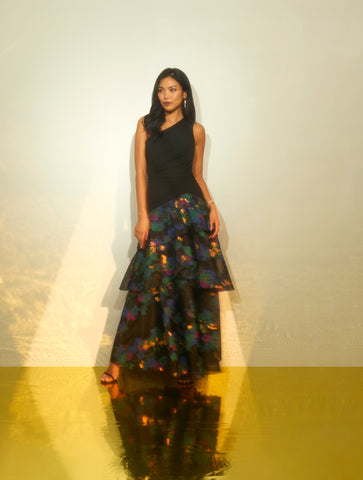 One Shoulder Crepe Ball Gown With Floral Jacquard Skirt In Black Multi