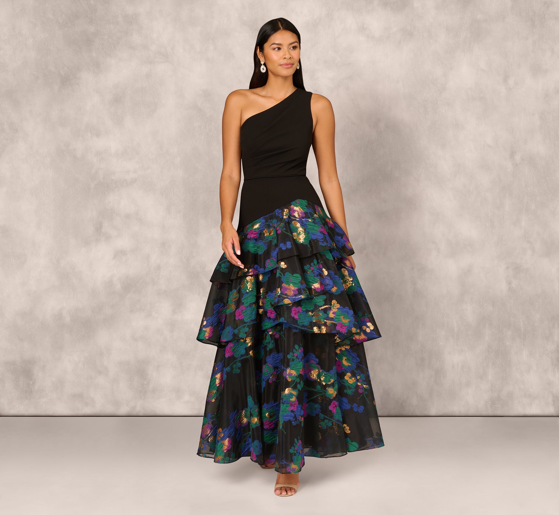 One Shoulder Crepe Ball Gown With Floral Jacquard Skirt In Black Multi 1