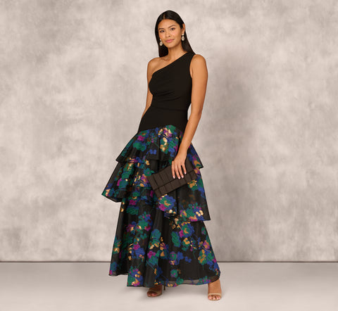 One Shoulder Crepe Ball Gown With Floral Jacquard Skirt In Black Multi